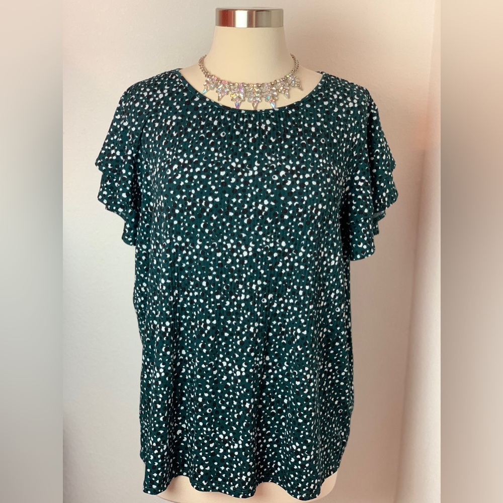 Adrianna Papell Green Black White Pleated Blouse Ruffle Sleeve Size Large
